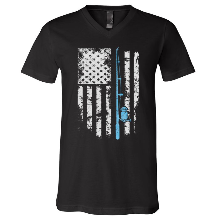 Vintage American Flag Fishing Rod For Fishing lover V-Neck T-Shirt