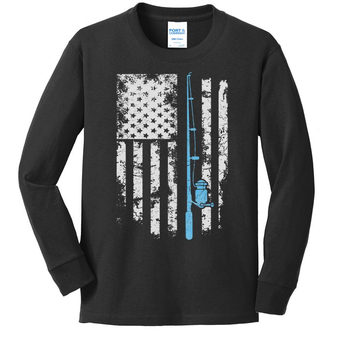 Vintage American Flag Fishing Rod For Fishing lover Kids Long Sleeve Shirt