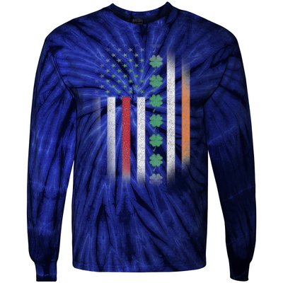 Vintage American Flag Shamrock St Paddys Day Matching Outfit Tie-Dye Long Sleeve Shirt