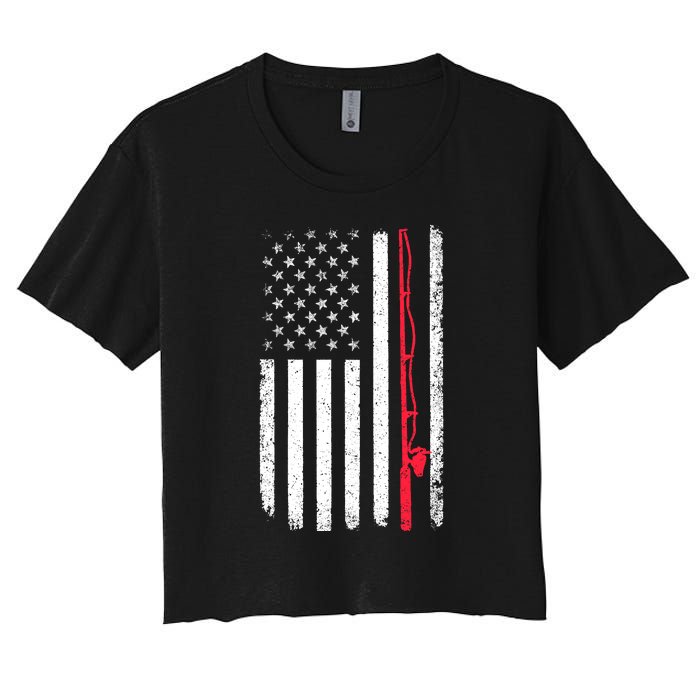 Vintage American Flag Fishing Rod Fishing Lover Fisherman Gift Women's Crop Top Tee