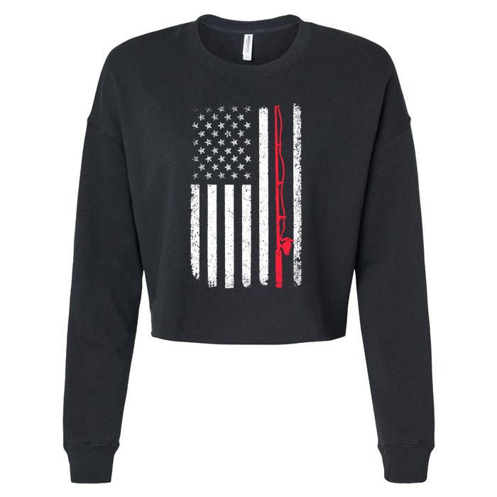 Vintage American Flag Fishing Rod Fishing Lover Fisherman Gift Cropped Pullover Crew