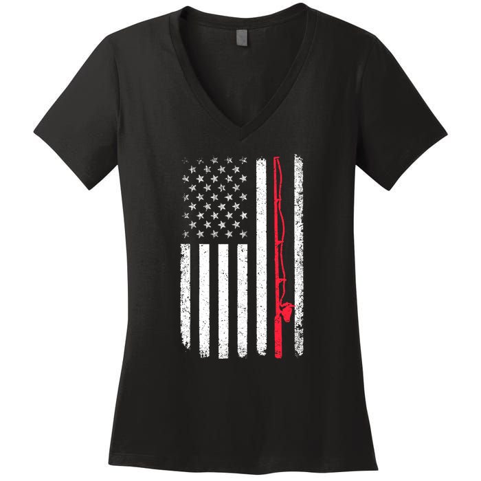 Vintage American Flag Fishing Rod Fishing Lover Fisherman Gift Women's V-Neck T-Shirt