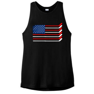 Vintage American Flag Hockey Player Funny Ice Hockey Stick Gift Ladies PosiCharge Tri-Blend Wicking Tank