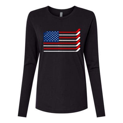 Vintage American Flag Hockey Player Funny Ice Hockey Stick Gift Womens Cotton Relaxed Long Sleeve T-Shirt