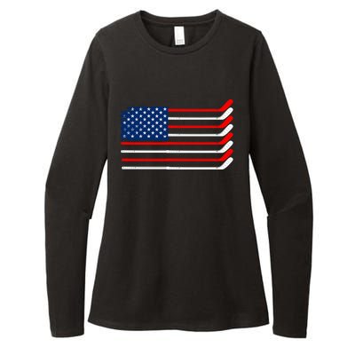 Vintage American Flag Hockey Player Funny Ice Hockey Stick Gift Womens CVC Long Sleeve Shirt