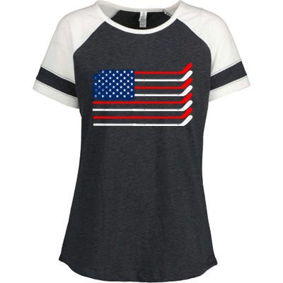 Vintage American Flag Hockey Player Funny Ice Hockey Stick Gift Enza Ladies Jersey Colorblock Tee