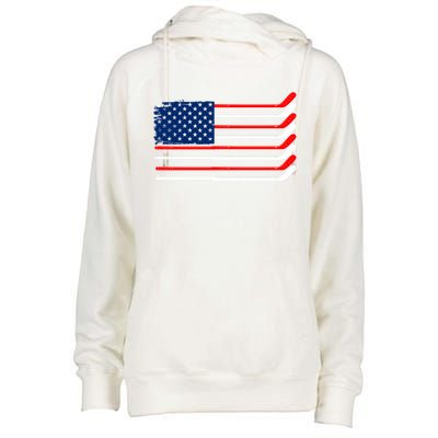 Vintage American Flag Hockey Player Funny Ice Hockey Stick Gift Womens Funnel Neck Pullover Hood