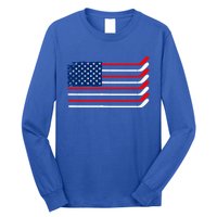 Vintage American Flag Hockey Player Funny Ice Hockey Stick Gift Long Sleeve Shirt