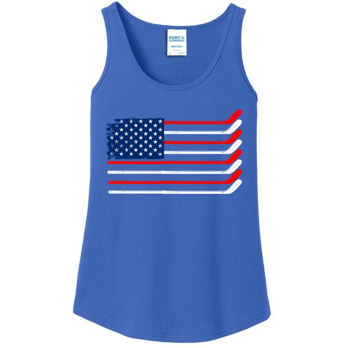 Vintage American Flag Hockey Player Funny Ice Hockey Stick Gift Ladies Essential Tank