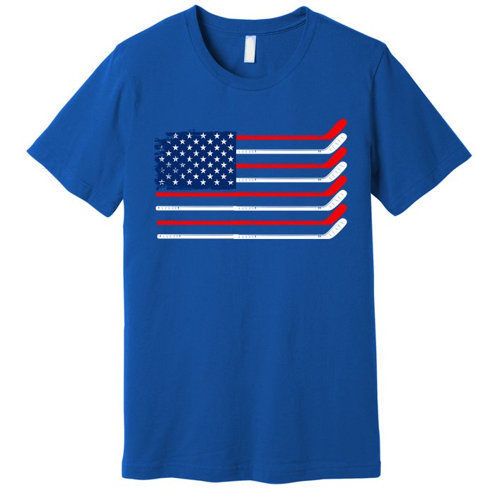 Vintage American Flag Hockey Player Funny Ice Hockey Stick Gift Premium T-Shirt