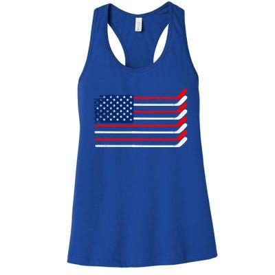 Vintage American Flag Hockey Player Funny Ice Hockey Stick Gift Women's Racerback Tank