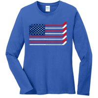 Vintage American Flag Hockey Player Funny Ice Hockey Stick Gift Ladies Long Sleeve Shirt