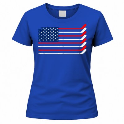 Vintage American Flag Hockey Player Funny Ice Hockey Stick Gift Women's T-Shirt