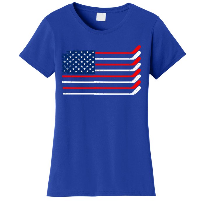 Vintage American Flag Hockey Player Funny Ice Hockey Stick Gift Women's T-Shirt