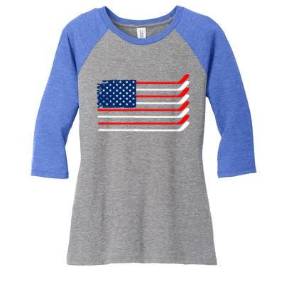 Vintage American Flag Hockey Player Funny Ice Hockey Stick Gift Women's Tri-Blend 3/4-Sleeve Raglan Shirt