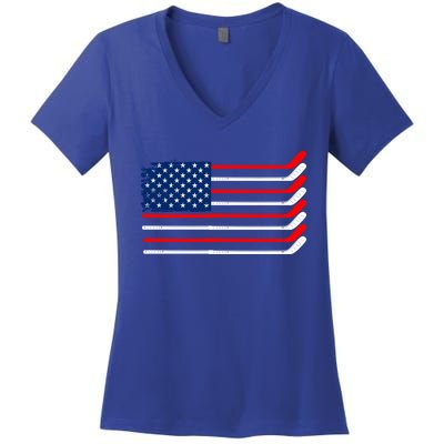 Vintage American Flag Hockey Player Funny Ice Hockey Stick Gift Women's V-Neck T-Shirt