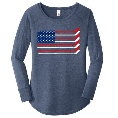 Vintage American Flag Hockey Player Funny Ice Hockey Stick Gift Women's Perfect Tri Tunic Long Sleeve Shirt