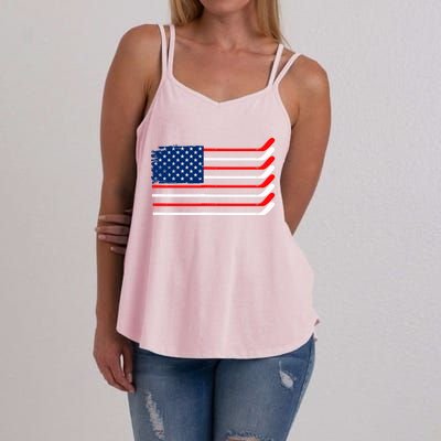 Vintage American Flag Hockey Player Funny Ice Hockey Stick Gift Women's Strappy Tank