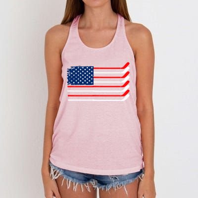 Vintage American Flag Hockey Player Funny Ice Hockey Stick Gift Women's Knotted Racerback Tank