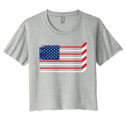 Vintage American Flag Hockey Player Funny Ice Hockey Stick Gift Women's Crop Top Tee