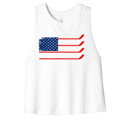 Vintage American Flag Hockey Player Funny Ice Hockey Stick Gift Women's Racerback Cropped Tank