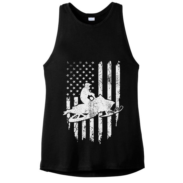 Vintage American Flag Snowmobiling Snowmobile Rider Ladies PosiCharge Tri-Blend Wicking Tank