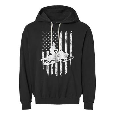 Vintage American Flag Snowmobiling Snowmobile Rider Garment-Dyed Fleece Hoodie