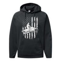 Vintage American Flag Snowmobiling Snowmobile Rider Performance Fleece Hoodie