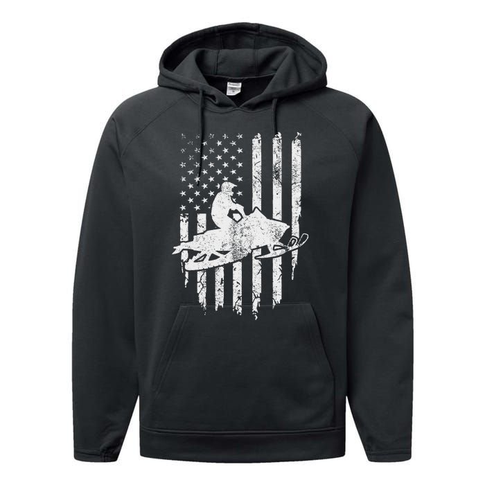 Vintage American Flag Snowmobiling Snowmobile Rider Performance Fleece Hoodie