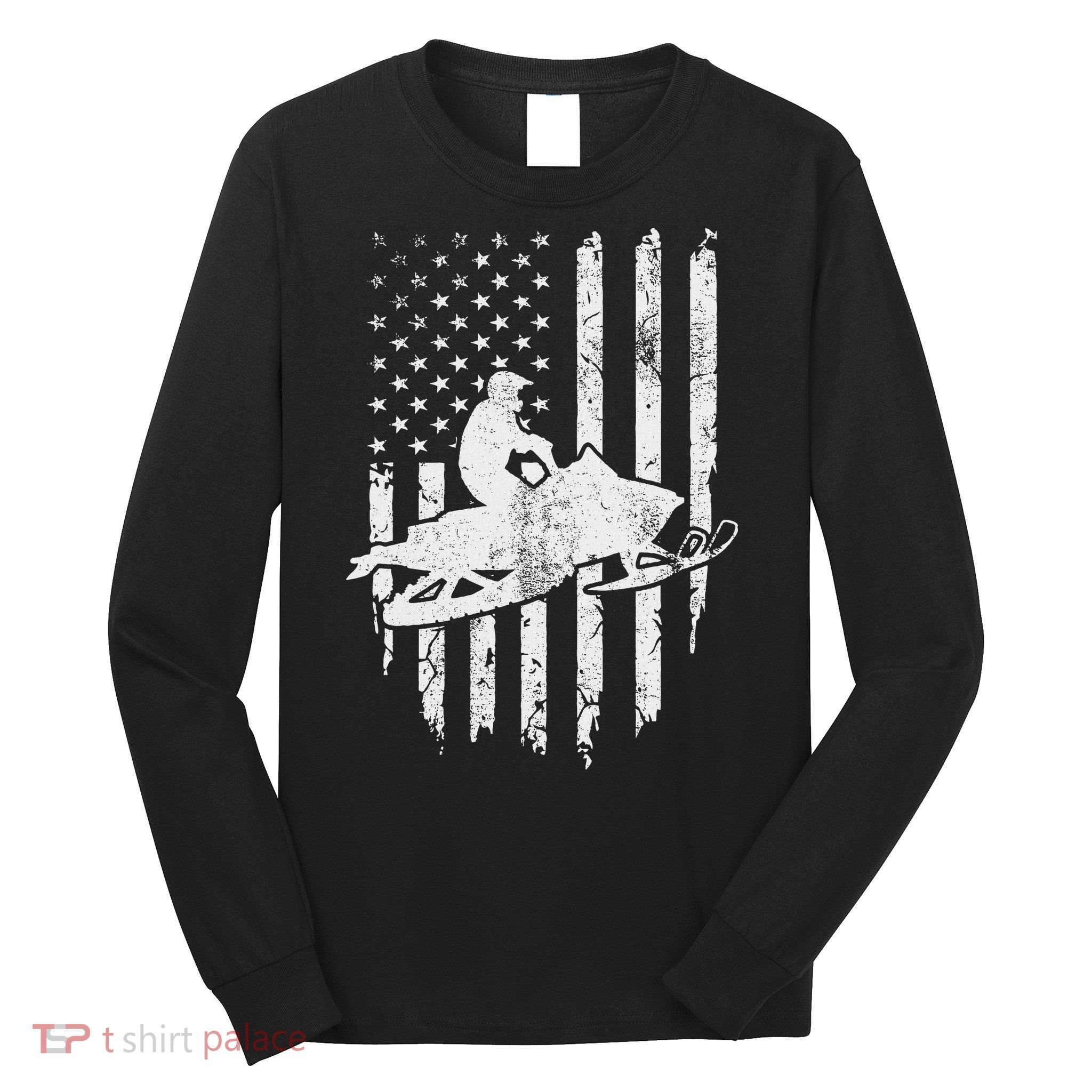 Vintage American Flag Snowmobiling Snowmobile Rider Long Sleeve Shirt
