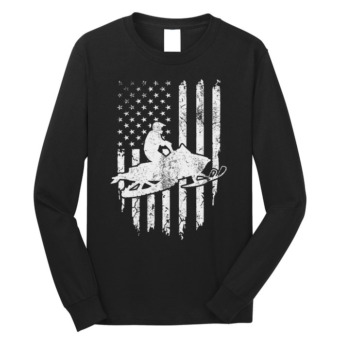 Vintage American Flag Snowmobiling Snowmobile Rider Long Sleeve Shirt