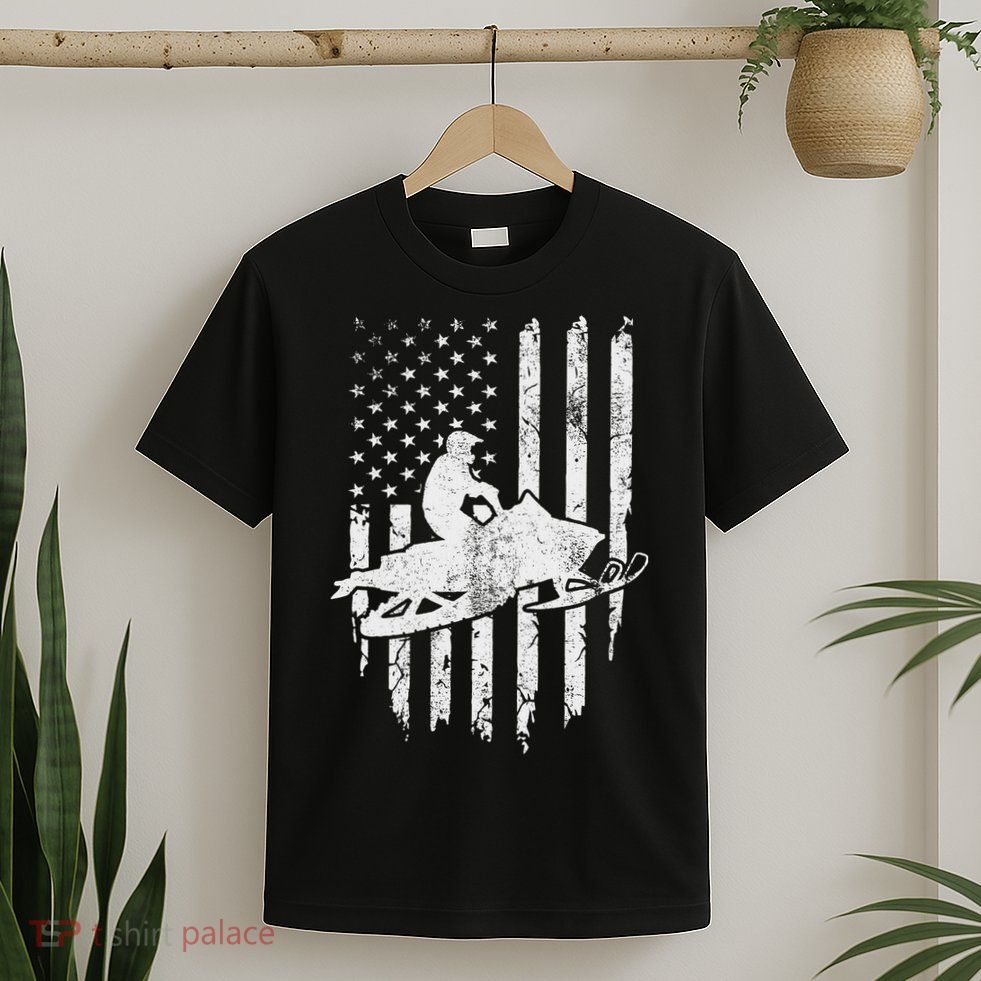 Vintage American Flag Snowmobiling Snowmobile Rider T-Shirt