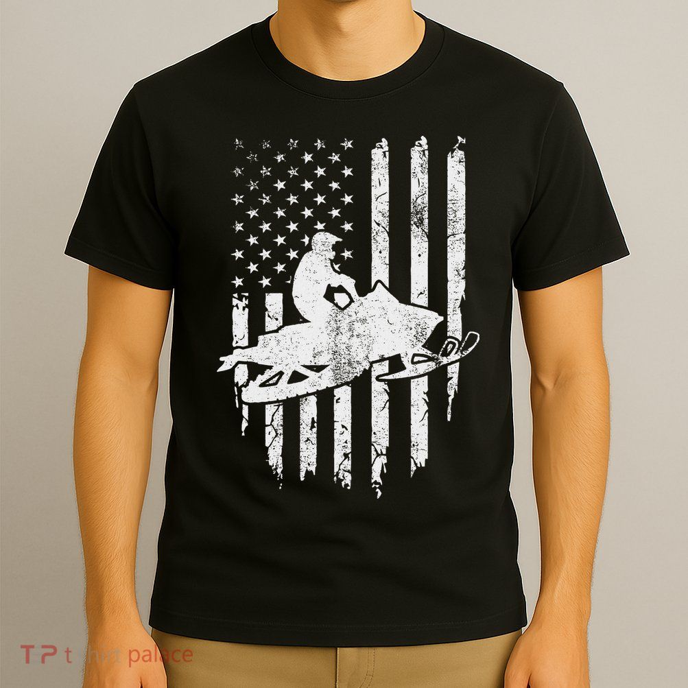 Vintage American Flag Snowmobiling Snowmobile Rider T-Shirt