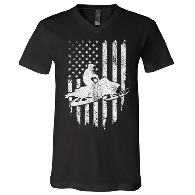 Vintage American Flag Snowmobiling Snowmobile Rider V-Neck T-Shirt