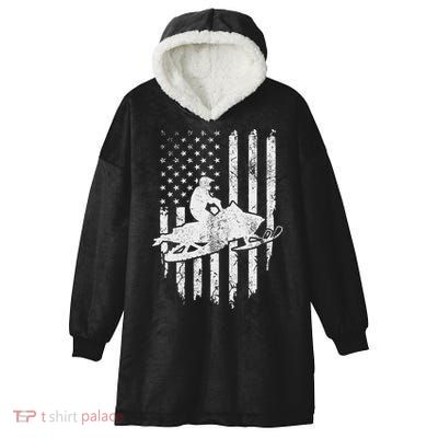 Vintage American Flag Snowmobiling Snowmobile Rider Hooded Wearable Blanket