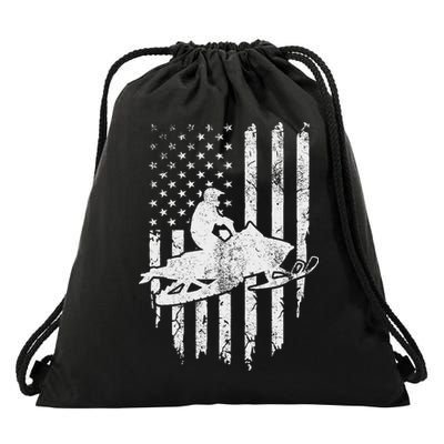 Vintage American Flag Snowmobiling Snowmobile Rider Drawstring Bag
