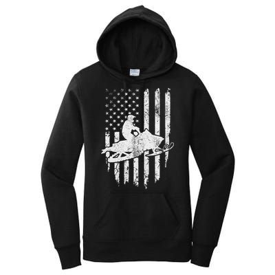 Vintage American Flag Snowmobiling Snowmobile Rider Women's Pullover Hoodie