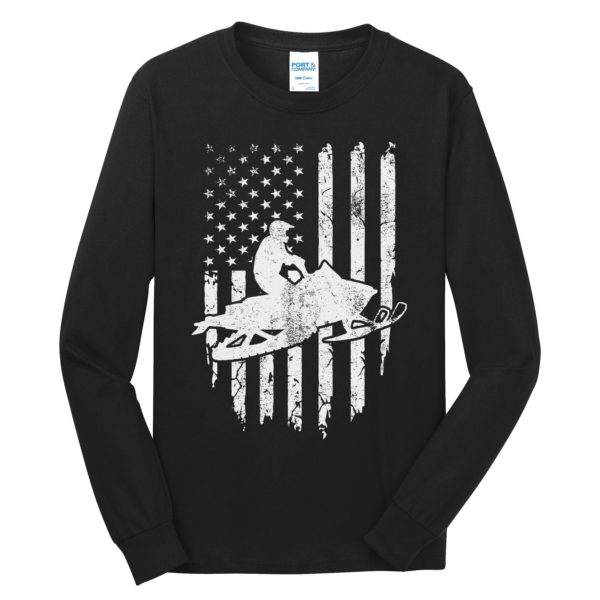 Vintage American Flag Snowmobiling Snowmobile Rider Tall Long Sleeve T-Shirt