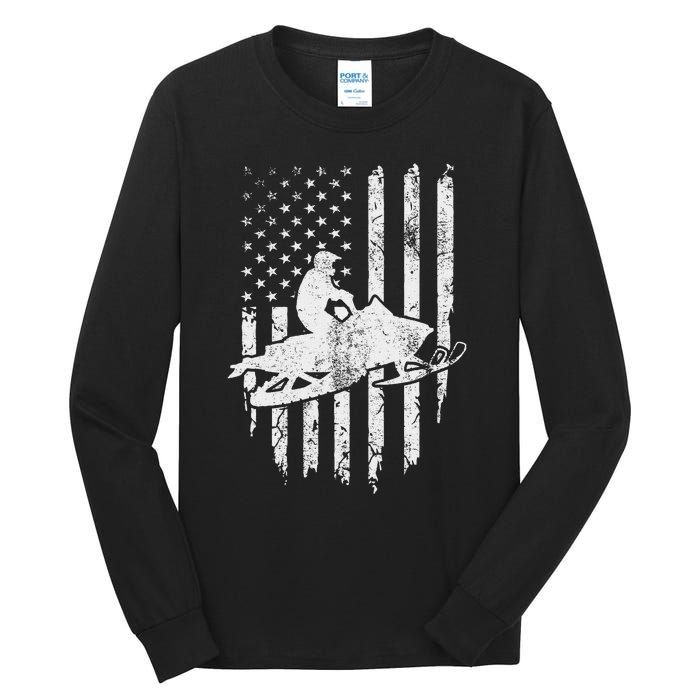 Vintage American Flag Snowmobiling Snowmobile Rider Tall Long Sleeve T-Shirt