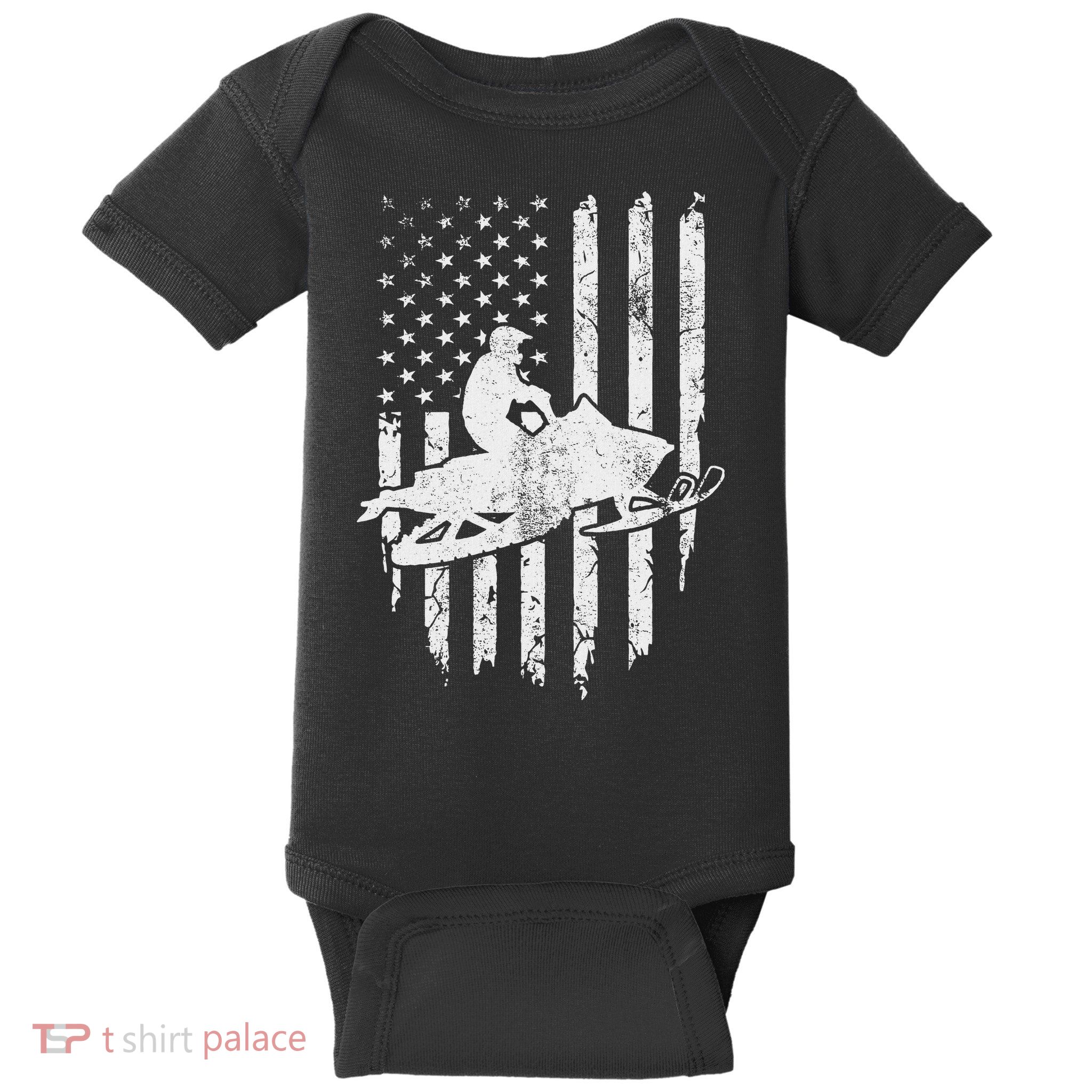 Vintage American Flag Snowmobiling Snowmobile Rider Baby Bodysuit