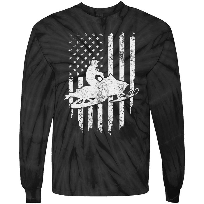 Vintage American Flag Snowmobiling Snowmobile Rider Tie-Dye Long Sleeve Shirt