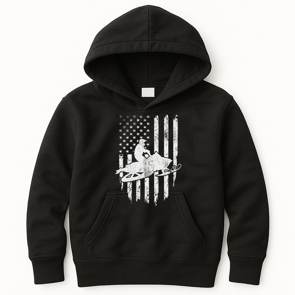 Vintage American Flag Snowmobiling Snowmobile Rider Kids Hoodie