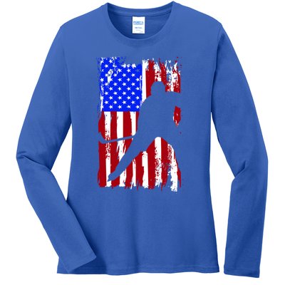 Vintage American Flag Hockey Funny Gift Ladies Long Sleeve Shirt