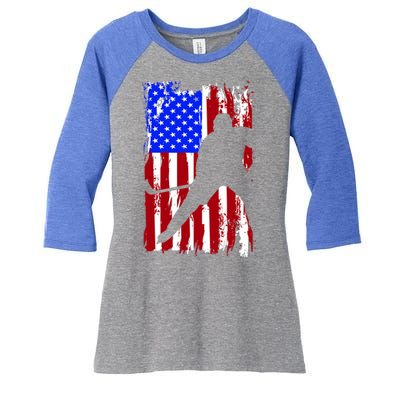 Vintage American Flag Hockey Funny Gift Women's Tri-Blend 3/4-Sleeve Raglan Shirt