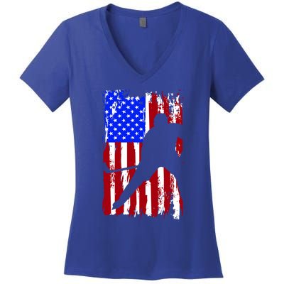 Vintage American Flag Hockey Funny Gift Women's V-Neck T-Shirt