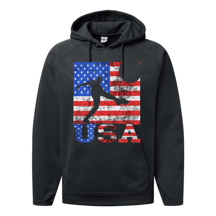 Vintage American Flag USA American USA Soccer Player Performance Fleece Hoodie