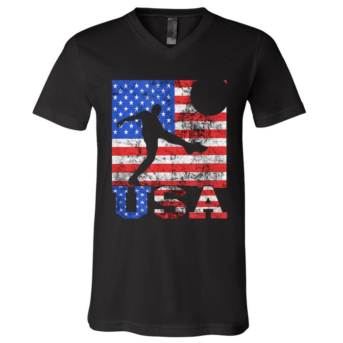 Vintage American Flag USA American USA Soccer Player V-Neck T-Shirt