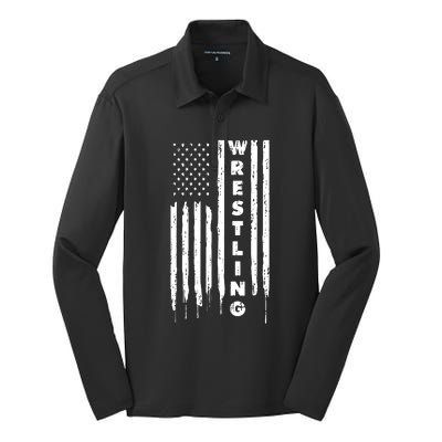 Vintage American Flag Wrestling Quote Silk Touch Performance Long Sleeve Polo