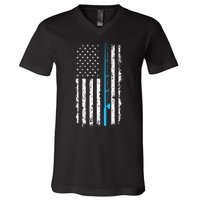 Vintage American Flag Fishing Rod V-Neck T-Shirt