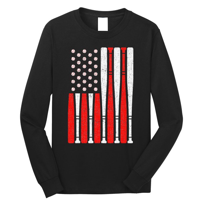 Vintage American Flag Baseball Dad 4th of July Long Sleeve Shirt